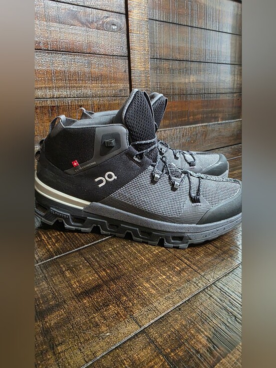 On Running Shoes - ON Running Cloudtrax Black/Rock Hiking One-Pull Lacing Waterproof Shoes Womens 9